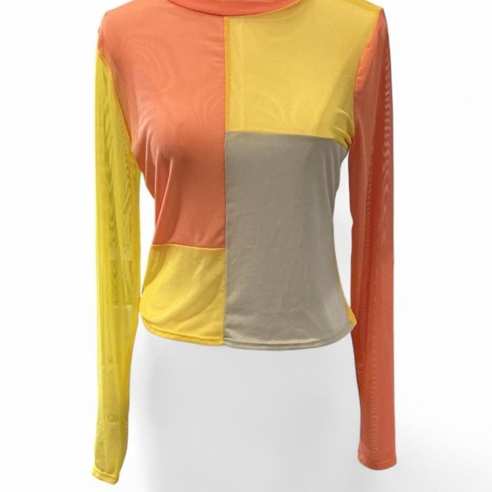 RSQ Mesh Top Women Multicolor Excellent Colorblock Patchwork Long Sleeve Sheer